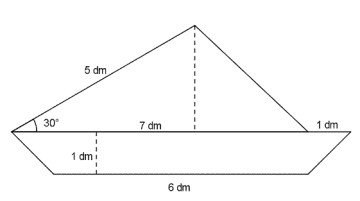 Figuren består av en trekant og et trapes. Trapeset har høyde 1 dm, og de parallelle sidene har lengder 6 dm og 8 dm. Trekanten har grunnlinje 7 dm. Høyden er den korteste kateten i en rettvinklet trekant der den ene vinkelen er på 30 grader. Hypotenusen er på 5 dm.
